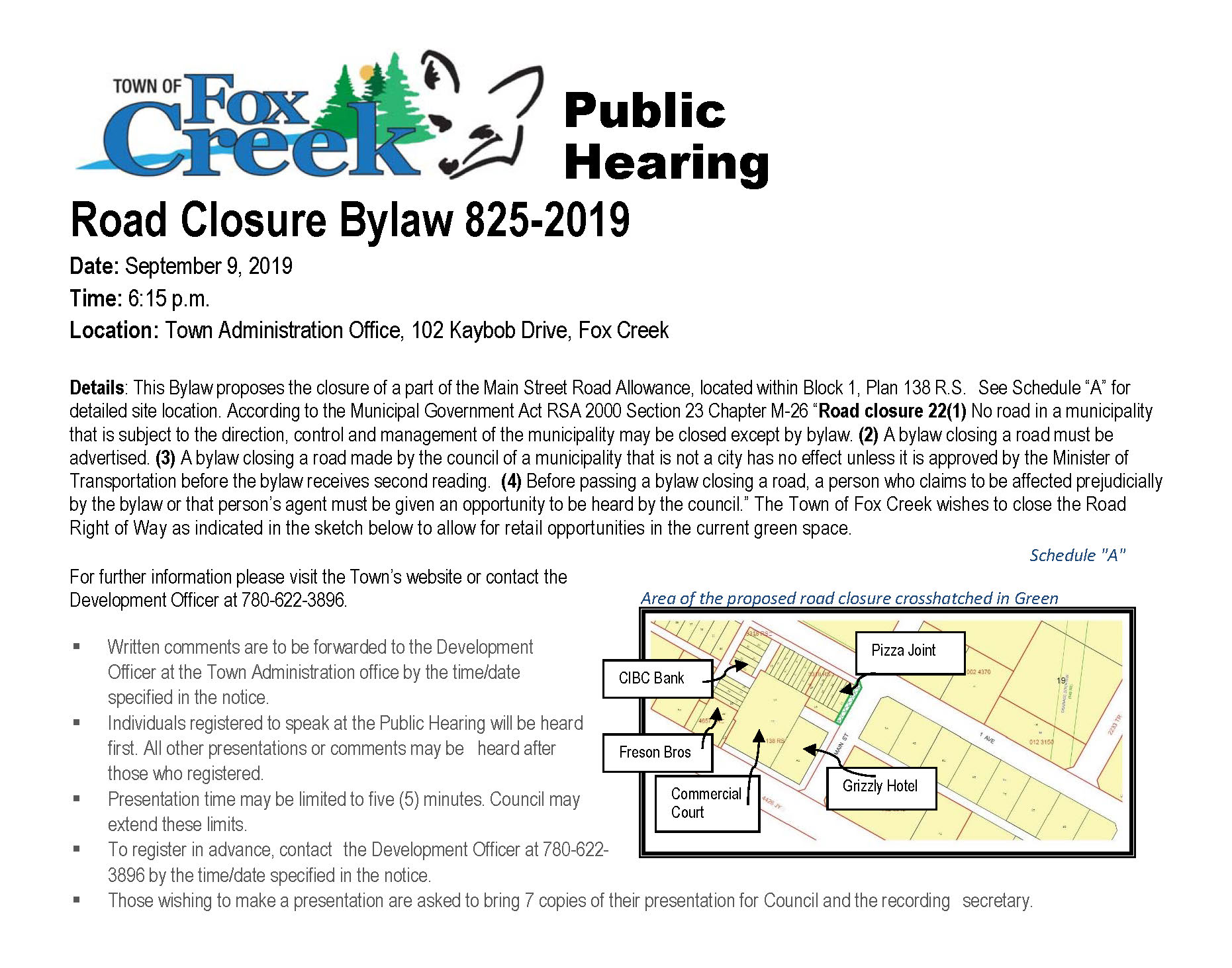 Public Hearing Road Closure Bylaw 8252019 Town of Fox Creek