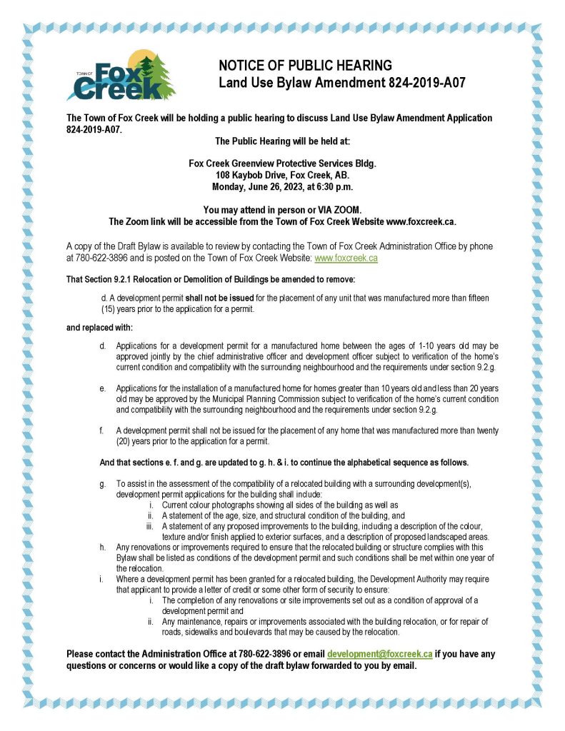 Public Hearing - Land Use Bylaw Amendment 824-2019-A-07 - Town Of Fox Creek