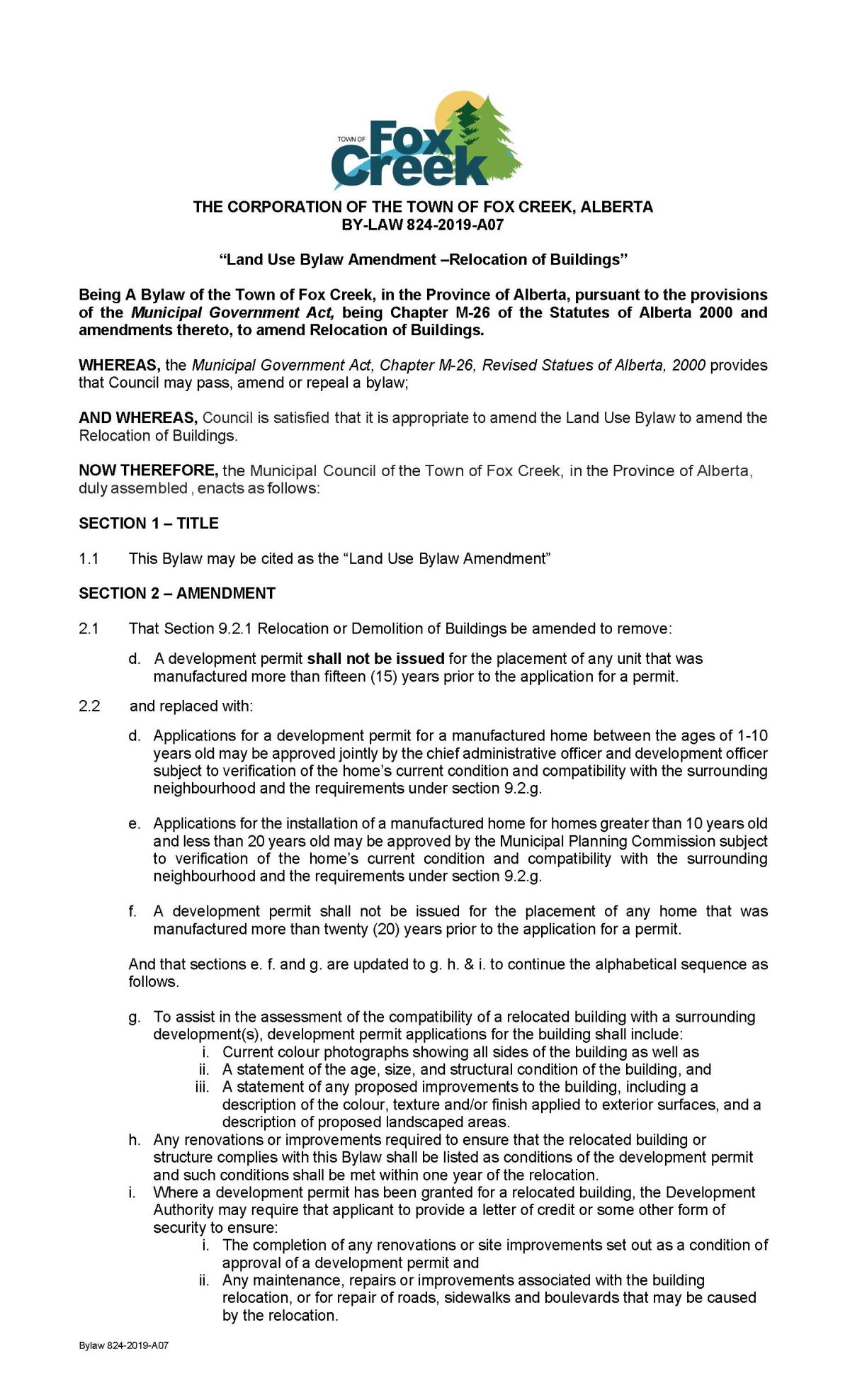 Public Hearing Land Use Bylaw Amendment 8242019A07 Town of Fox Creek